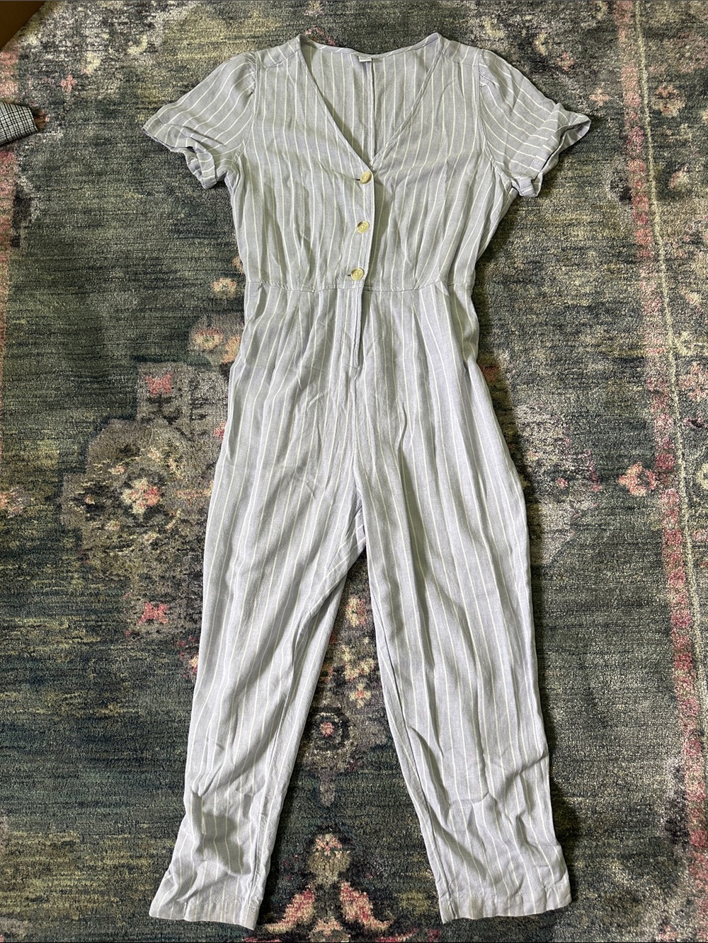 Old Navy Light Blue & White Striped Short-Sleeve Women’s Linen Blend Jumpsuit M